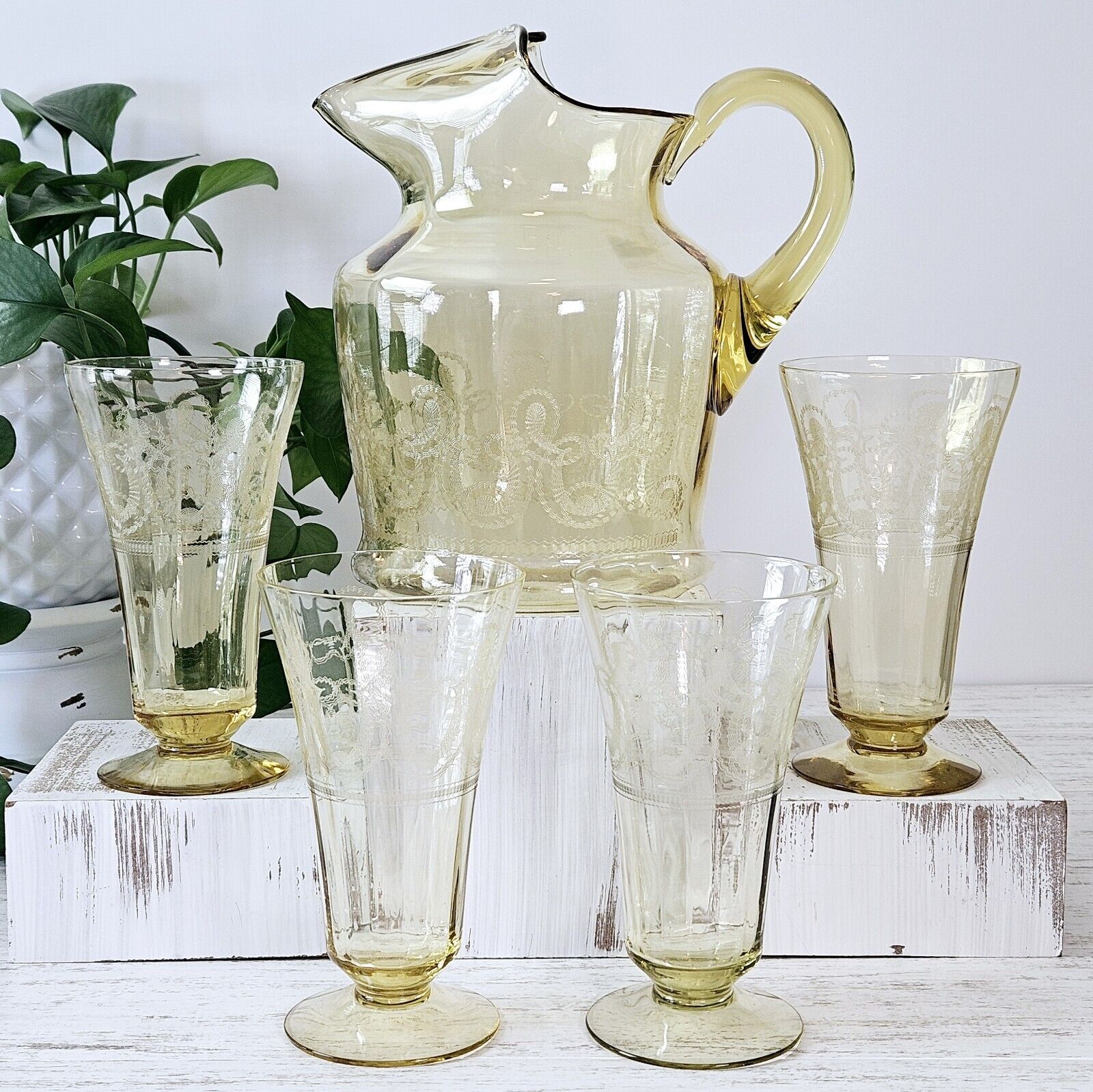 Vintage Etched Pitcher And Glasses Yellow Rare
