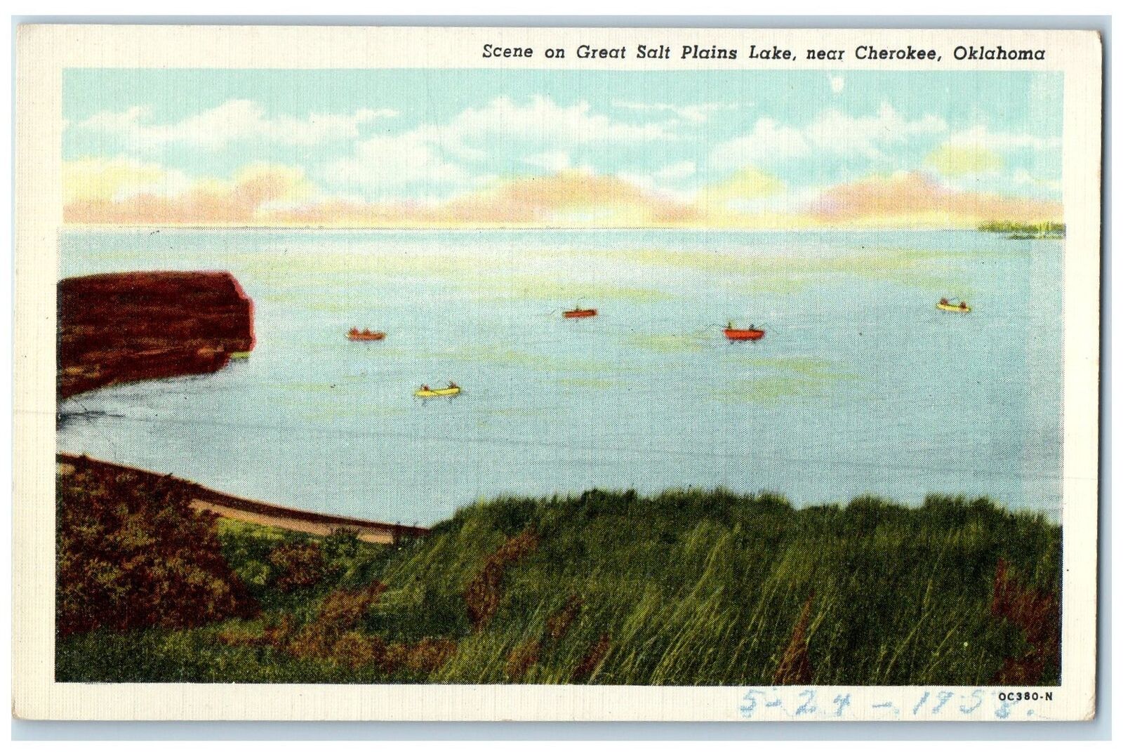 c1940's Scene On Great Slt Plains Lake Near Cherokee Oklahoma OK Boats Postcard