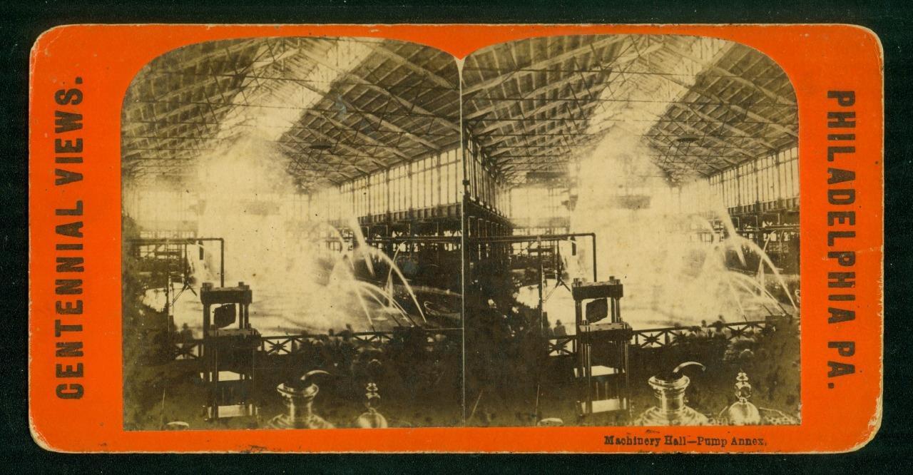 a691, Centennial Views Stereoview, # -, Machinery Hall - Pump Annex, PA, 1876