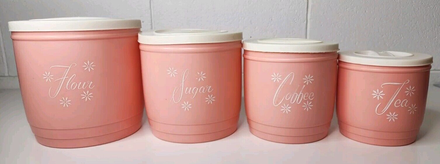 Rare HTF Vintage Stanley Nesting Kitchen Canisters Pink Atomic Flowers Set of 4