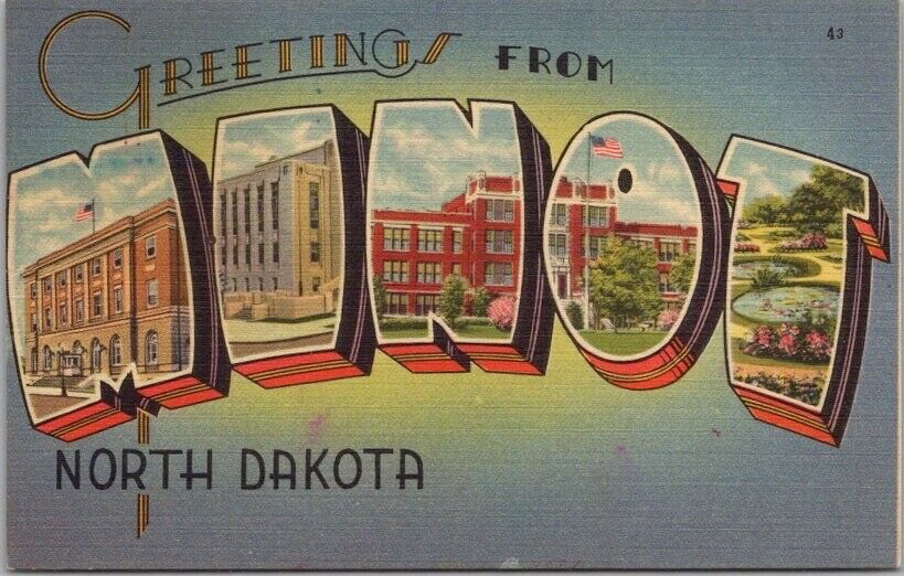 MINOT, North Dakota Large Letter Postcard Multi-View Tichnor Linen c1940s Unused