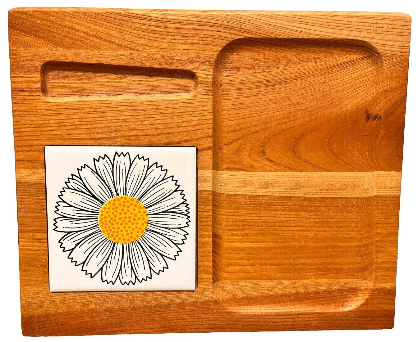 VTG 70s Wood & Ceramic Daisy Tile Cheese Cutting Serving Board Japan 11.5\