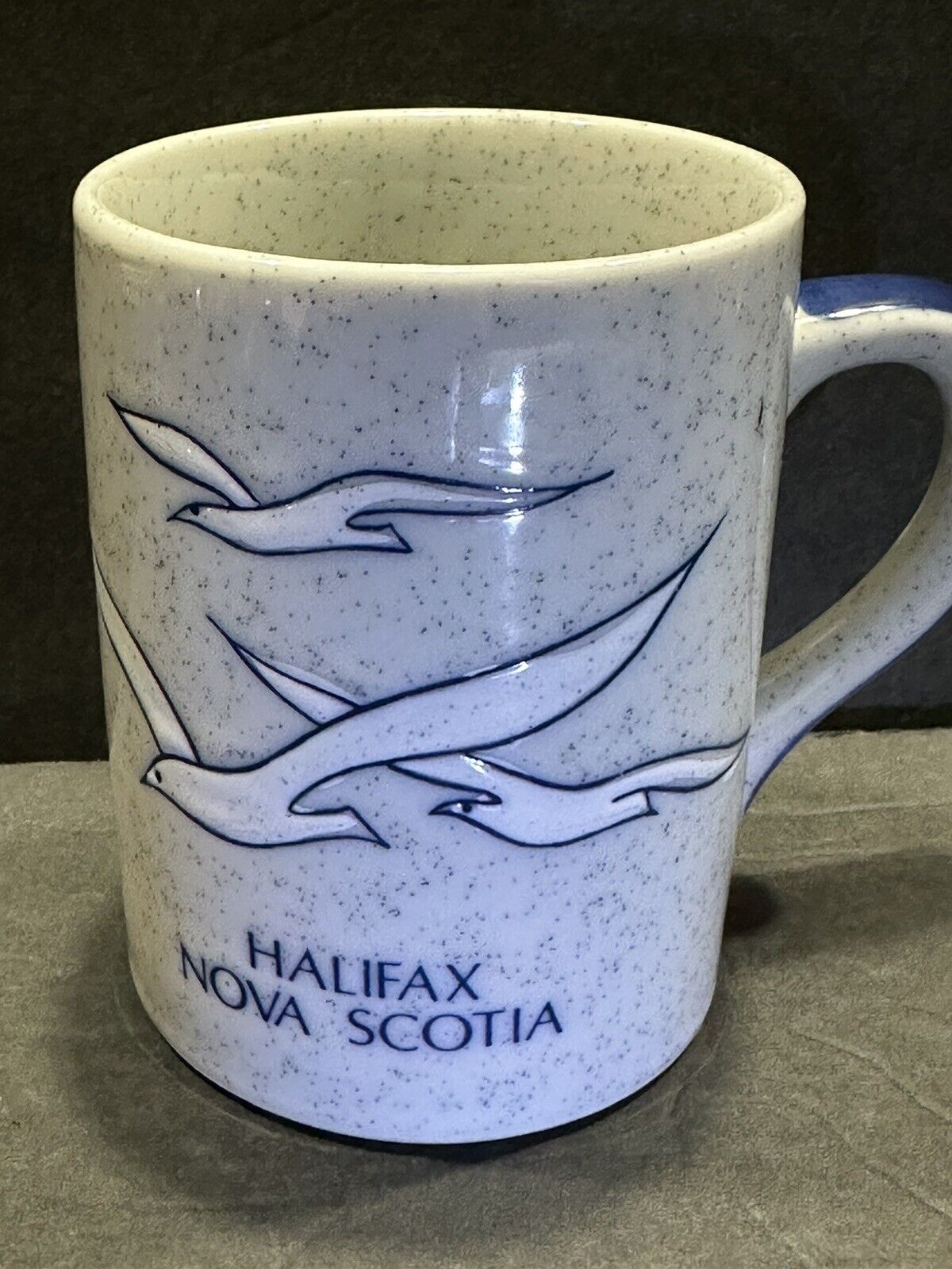 Vintage Halifax Nova Scotia Ceramic   Coffee Mug Gray & Blue Speckle Stoneware