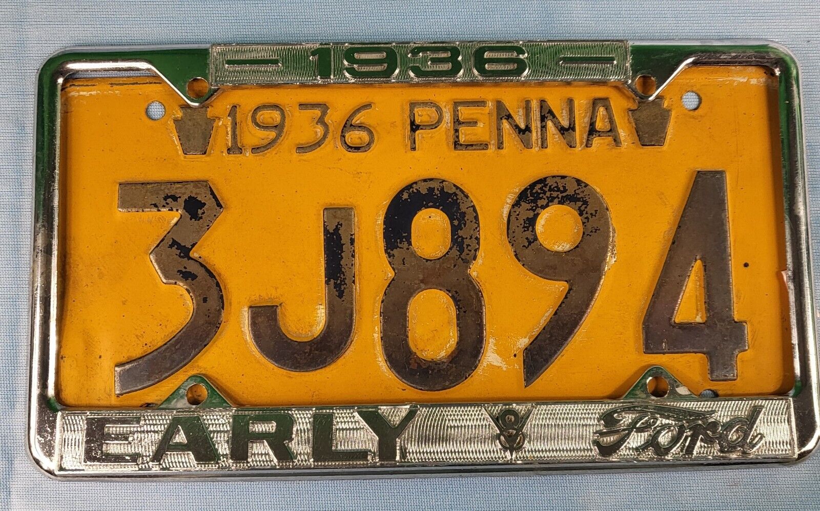 Antique 1936 Pennsylvania License Plate & Ford Frame -V8   PA -  Penna - PA