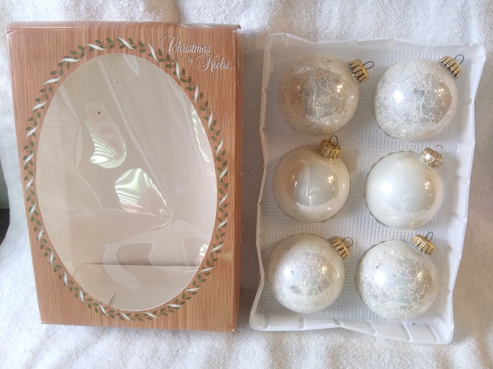 Krebs Glass Christmas Balls Ornaments - White W/ Floral  Glitter Stencil