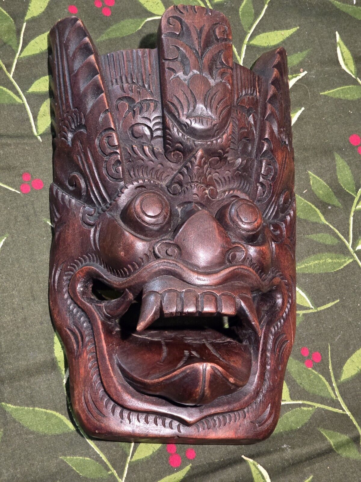 Wall-Mounted Asian Balinese Vintage Hand Carved Wood Mask Folk Art 12 Inches