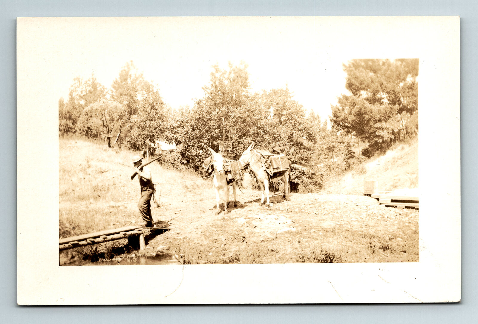 RPPC Postcard Sourdough Gulch Oregon Louse Creek Two Men Shotgun & Pack Mules