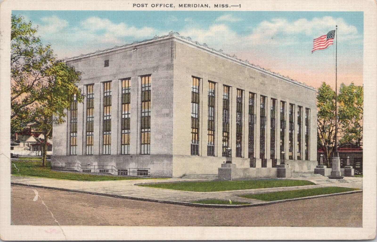 Linen PC * Meridian MS Post Office Building Street Scene 1936 RPO Postmark