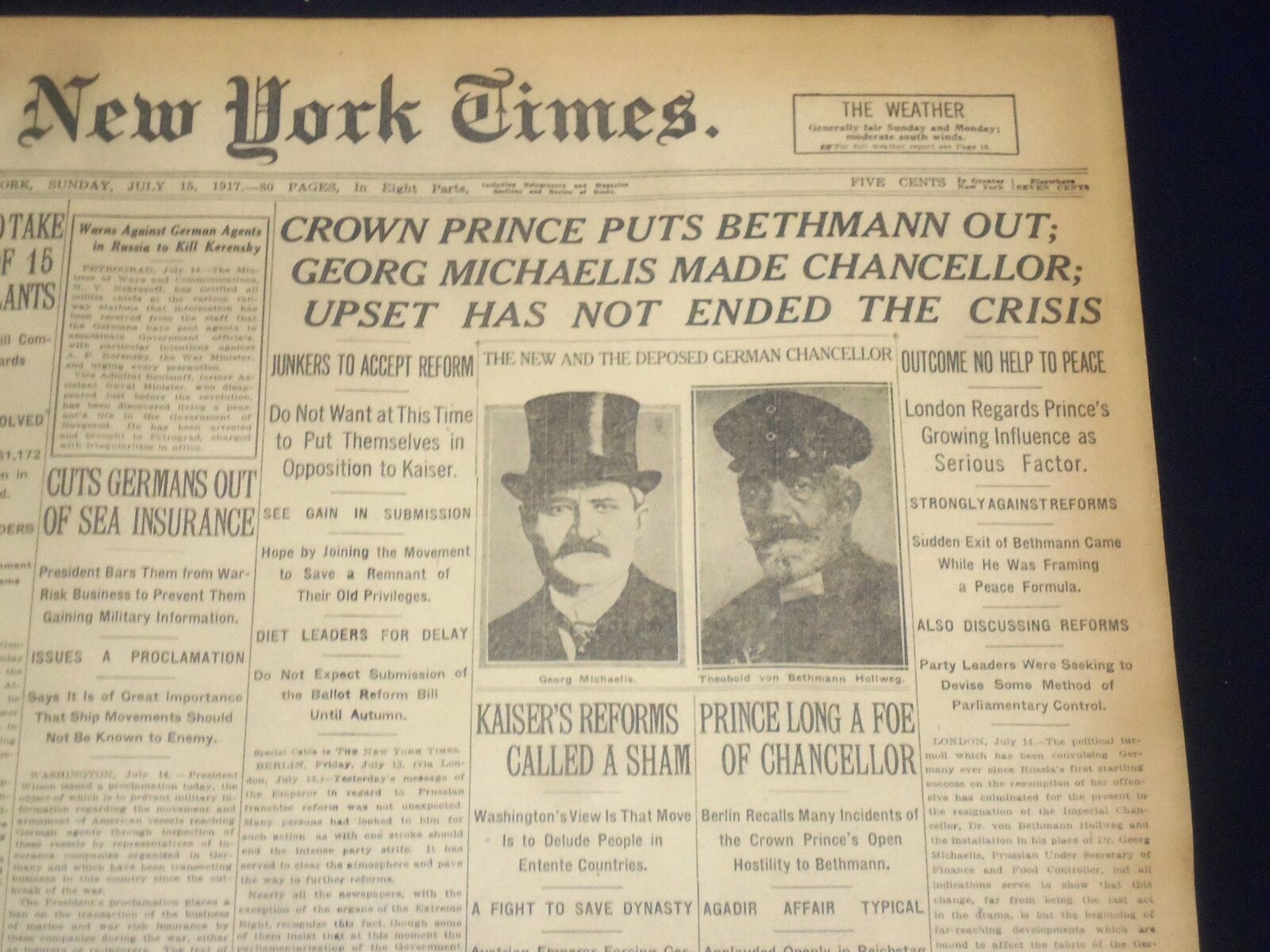 1917 JULY 15 NEW YORK TIMES - CROWN PRINCE PUTS BETHMANN OUT - NT 9304