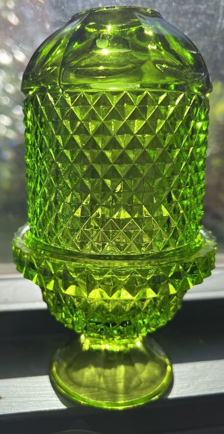 Vintage Viking Glass Diamond Point Green Fairy Lamp Candle Holder 2 Piece