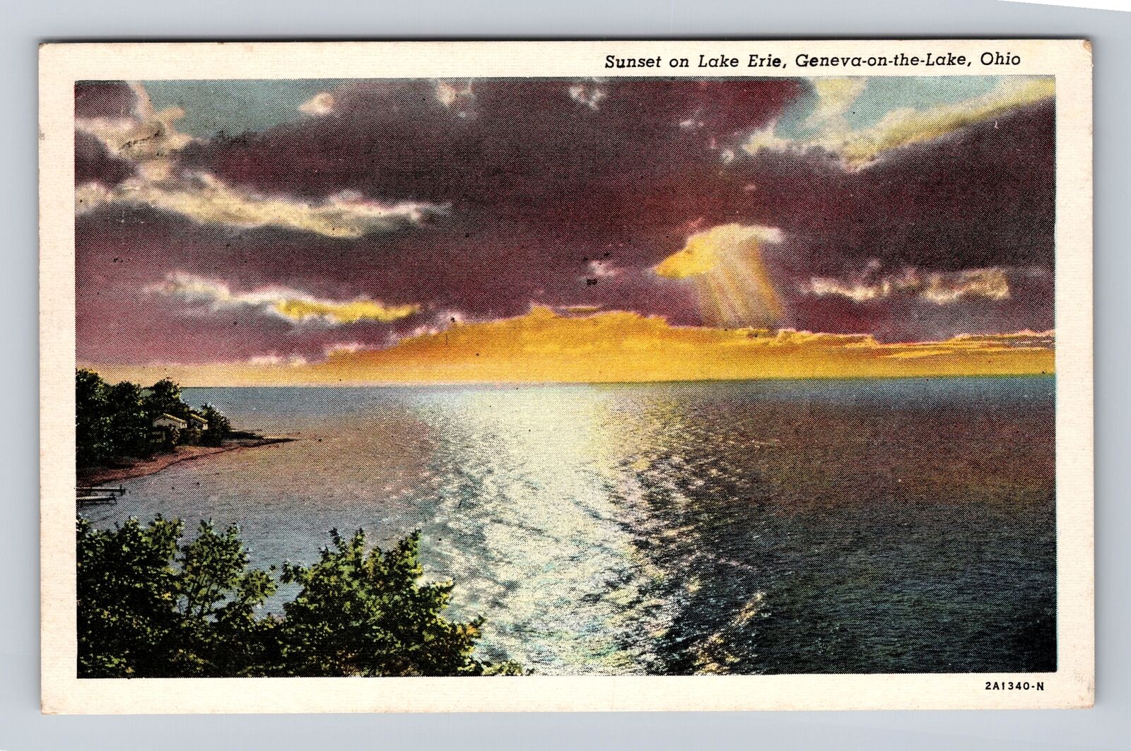 Geneva On The Lake OH- Ohio, Sunset On Lake Erie, Antique Vintage c1944 Postcard