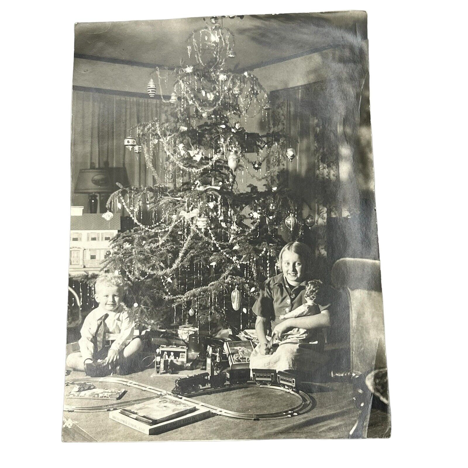 Vintage Photo December 1935 Christmas Tree Train Track Kids Black & White