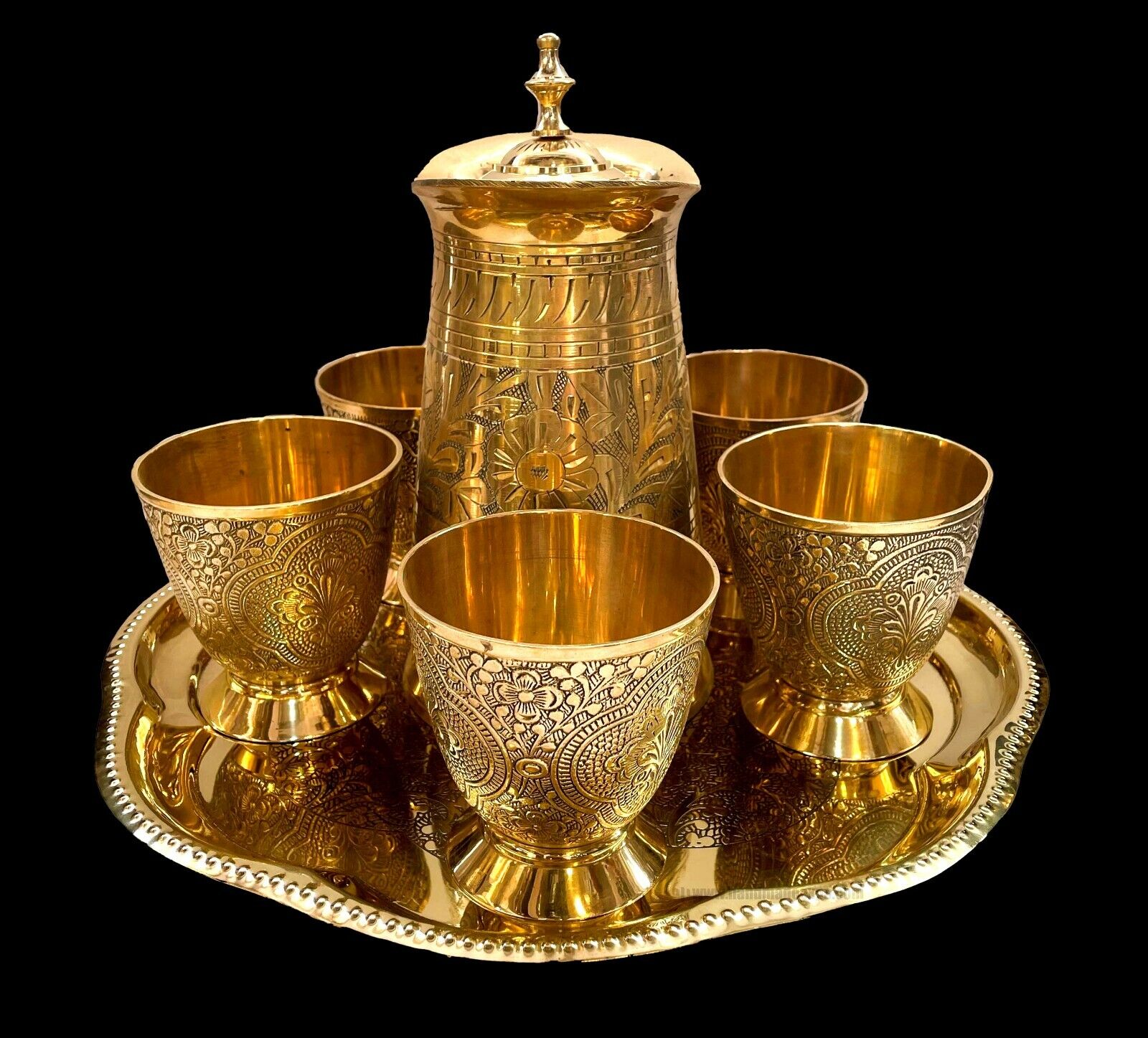 Copper Brass Water Serving Set 1 Jug Tray Five Glasses Tibetan Buddhist Nepal