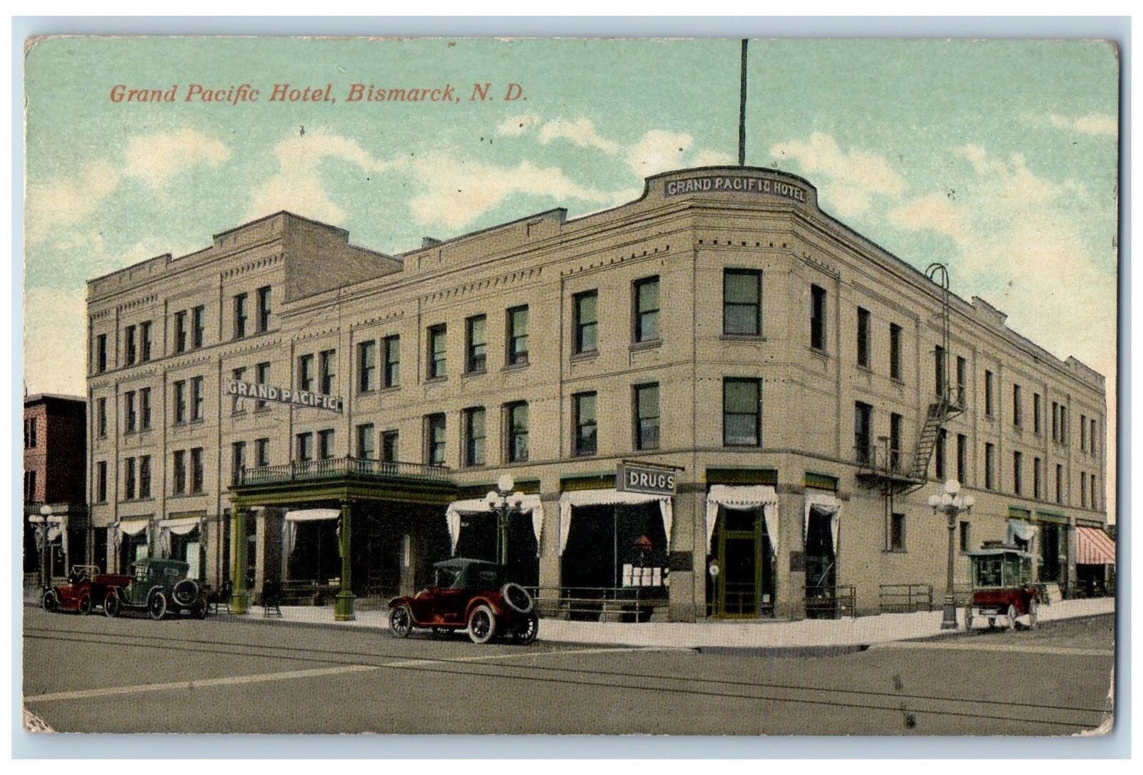 Grand Forks North Dakota ND Postcard Grand Pacific Hotel Exterior Roadside 1916
