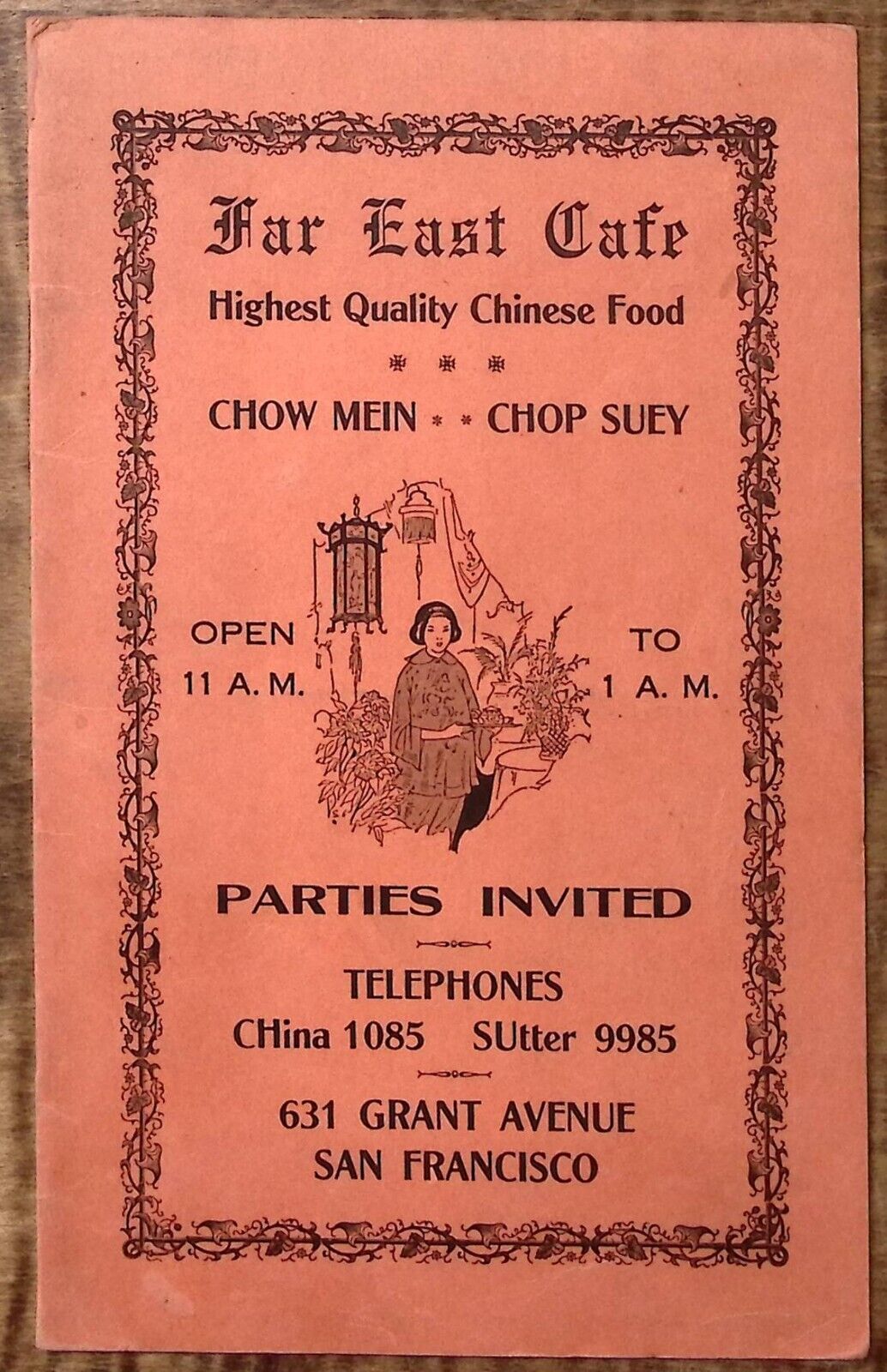 1940s CHINATOWN SAN FRANCISCO CA FAR EAST CAFE MENU CHINESE TEXT GRANT AVE Z5562