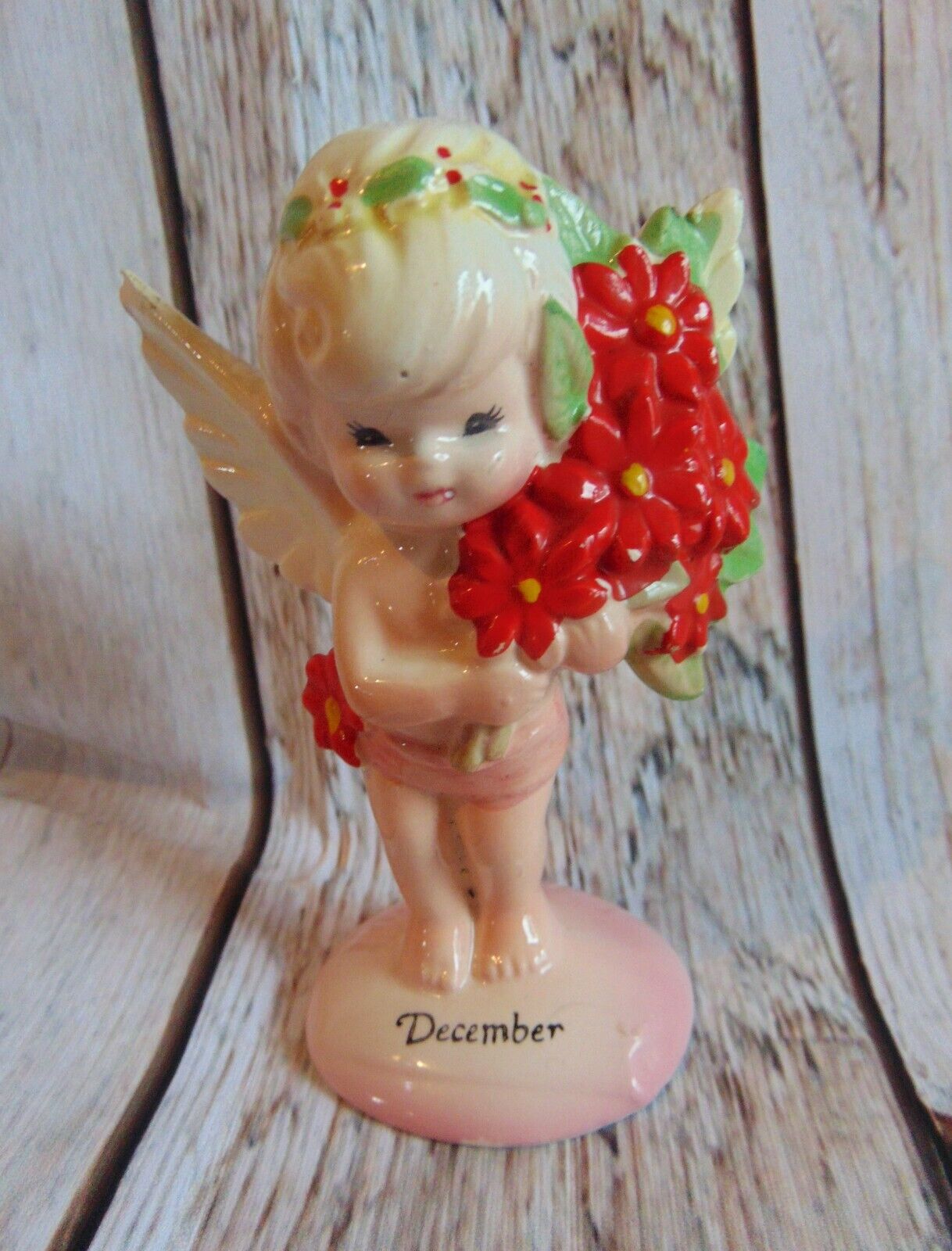 Vintage Lugenes December Angel Girl Boy Holding Poinsettias Christmas Birthday