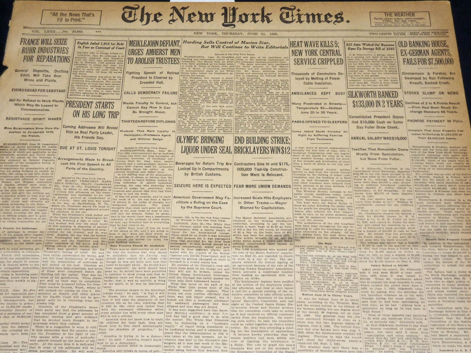 1923 JUNE 21 NEW YORK TIMES - HARDING SELLS CONTROL OF MARION STAR - NT 8729