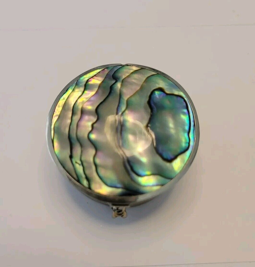 Vintage Abalone Silvertone Trinket Box Made In Mexico Jewelry Pill Stash Box 