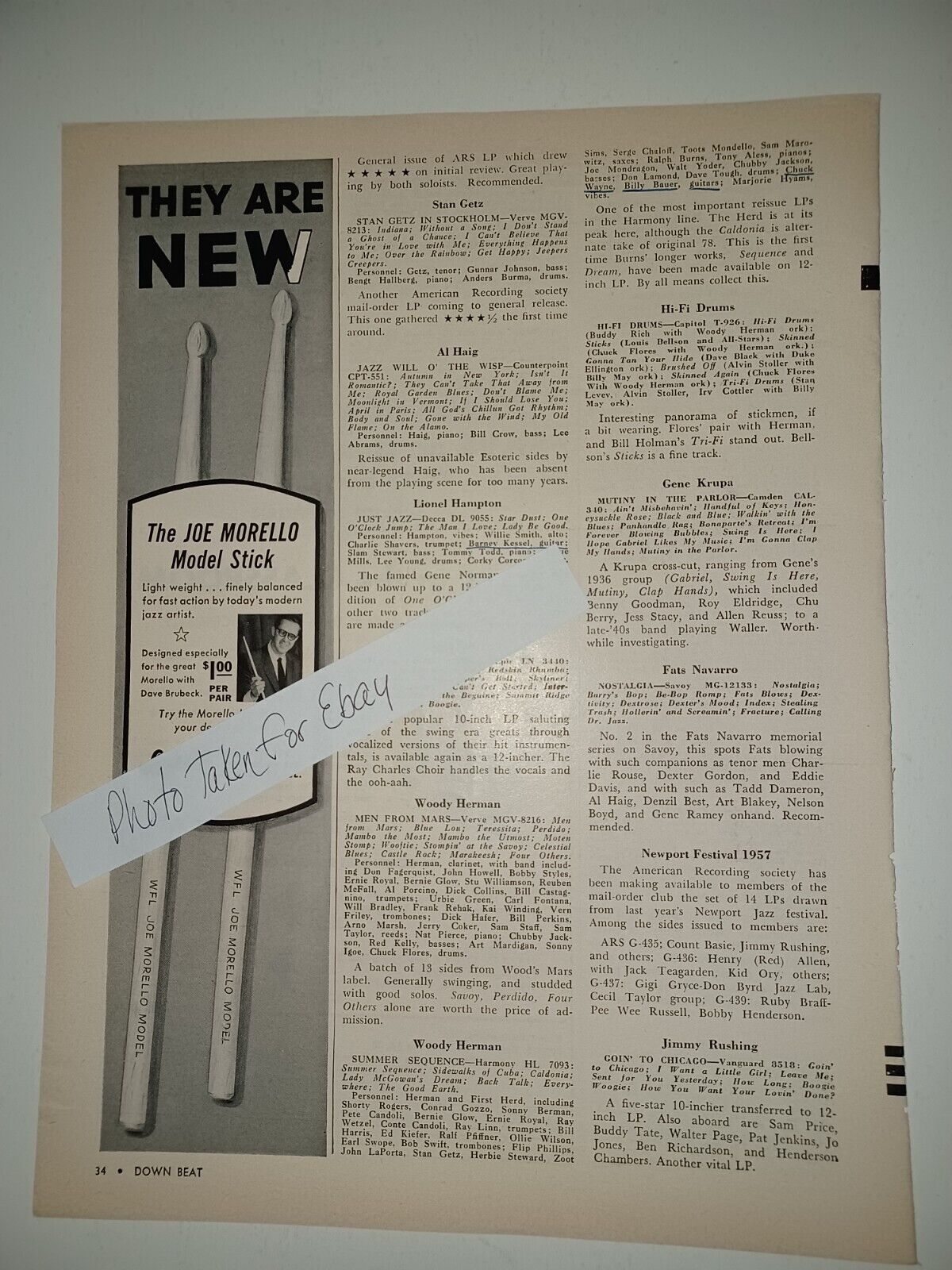 Joe Morello Ledwig Drum Sticks 1958 8x11 Magazine Ad