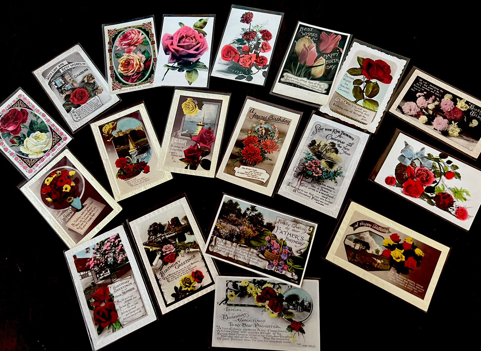 Nice ~Lot of 19~ ROSES~FLOWERS~ Antique Tinted Photo Greetings Postcards~g737