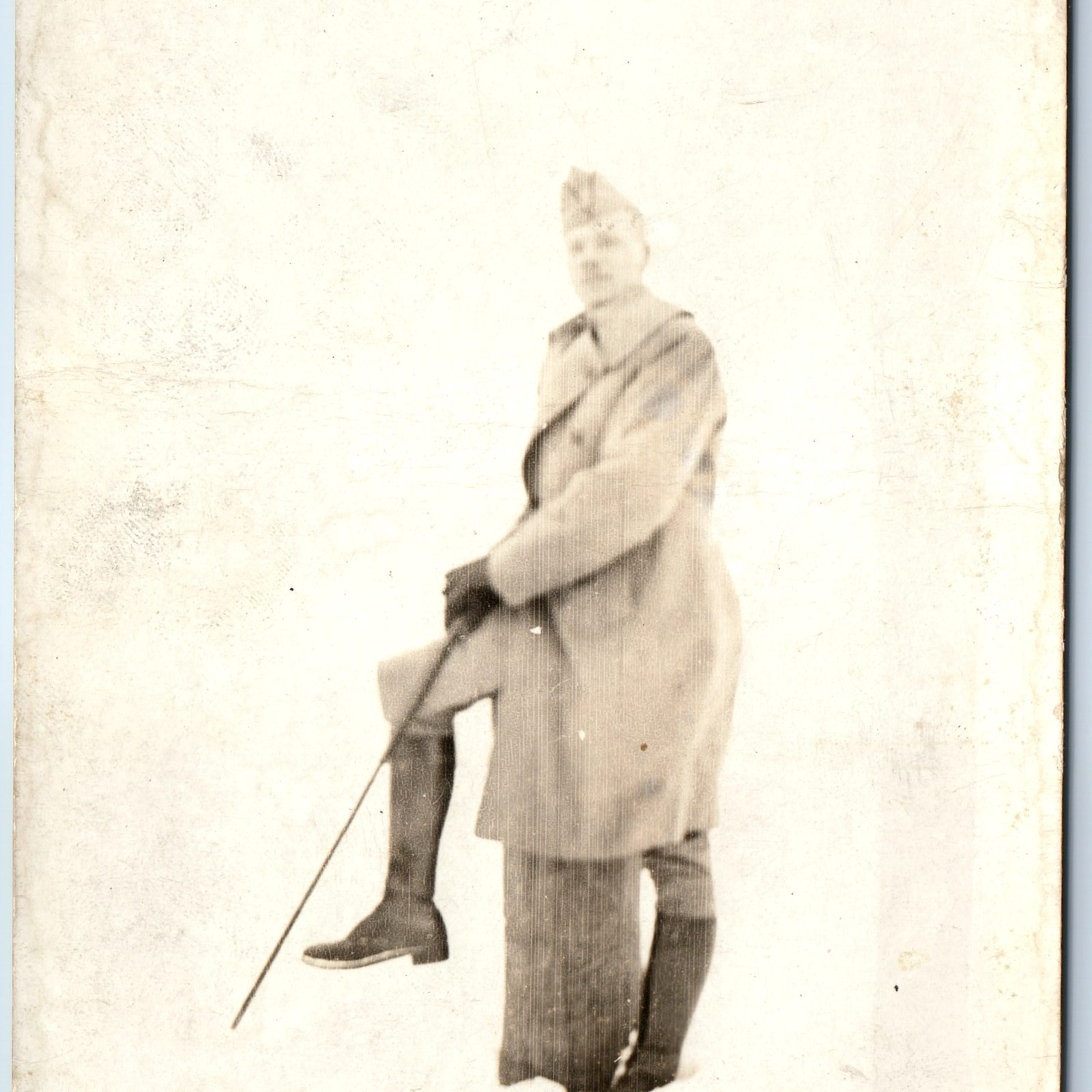 c1910s Military Man RPPC ID'd Lieut St. ?? Soldier Stick Winter Real Photo A260