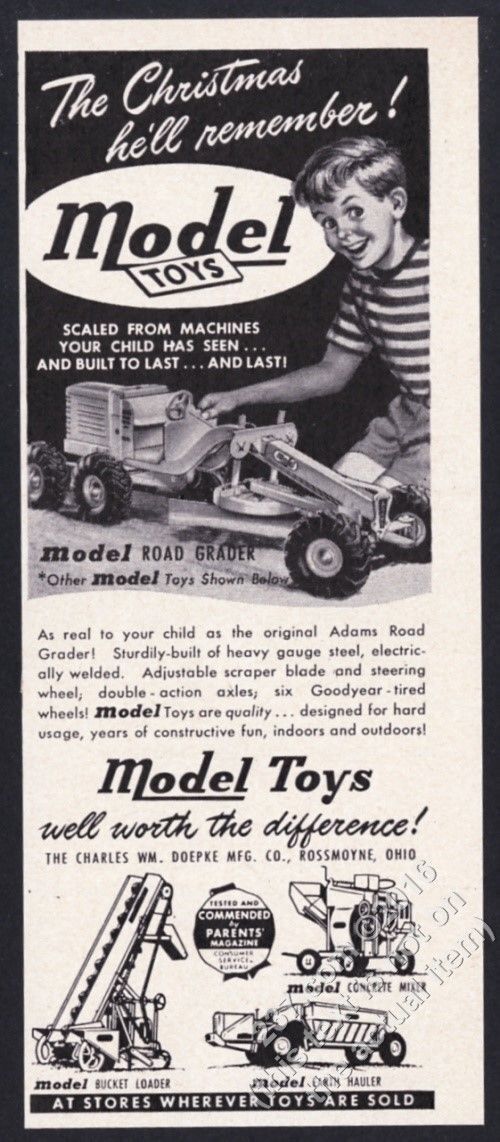 1948 Doepke Model Toys road grader bucket loader etc art vintage print ad