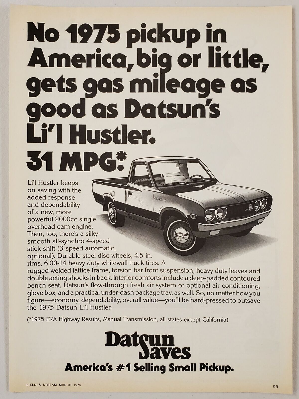 1975 Print Ad Datsun Li\'l Hustler Pickup Trucks 2000cc OHC Engine