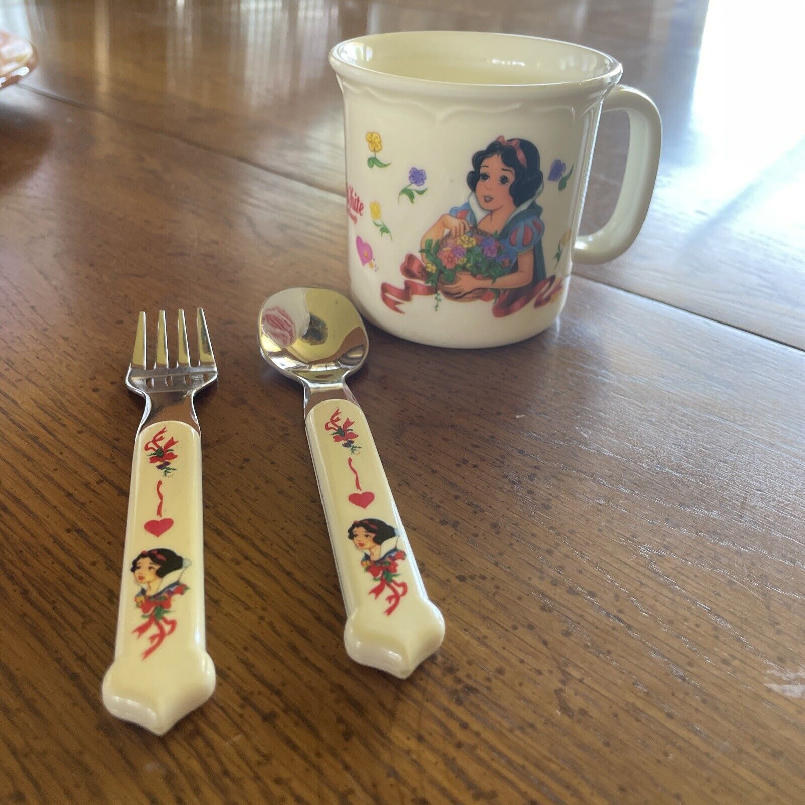 Vintage Disney Snow White Childs Melamine Cup Fork  Spoon Elandia Selandia