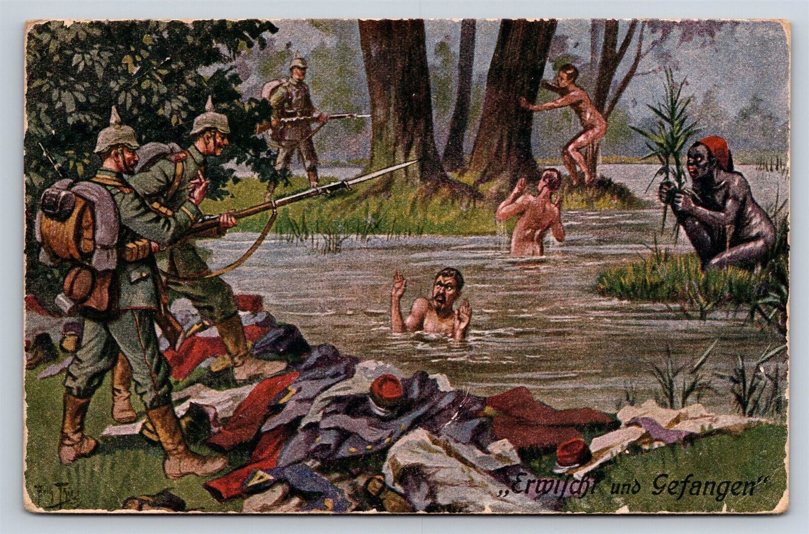 German Postcard WWI Caught Captured Bathing Soldiers a/s Arthur Thiele AT15
