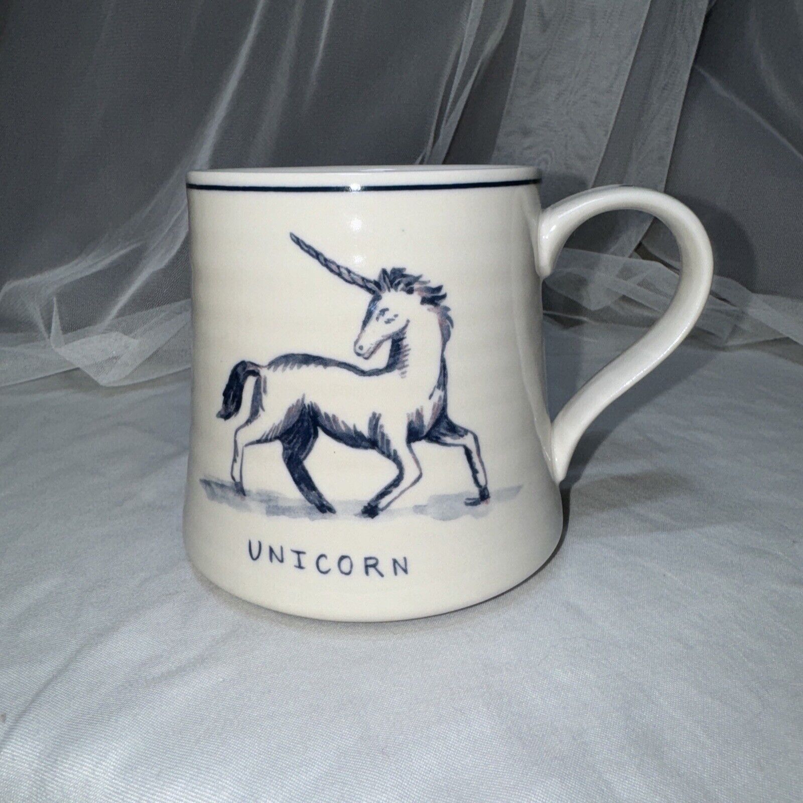 Vintage Anthropologie Molly Hatch Coffee Cup Mug Unicorn 18oz Stoneware Blue