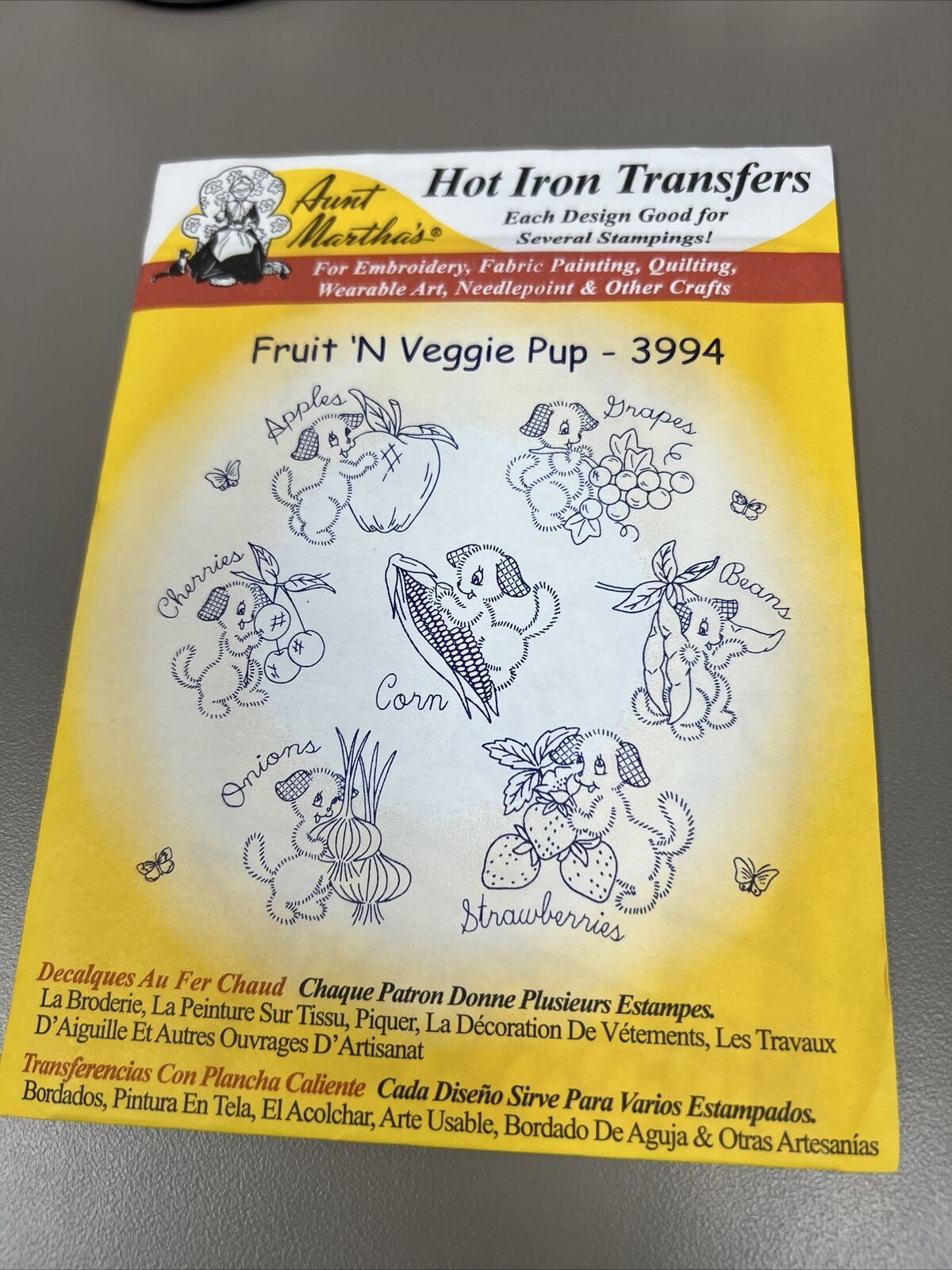 Vintage Aunt Martha\'s Hot Iron Transfer Embroidery 3994 Fruit ‘N veggie Pup NEW