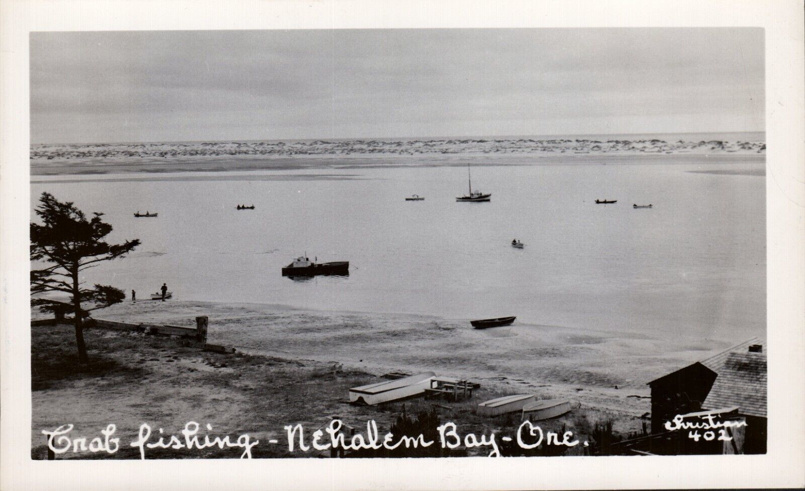 Crab Fishing Nehalem Bay Oregon RPPC Postcard white border c. 1950s