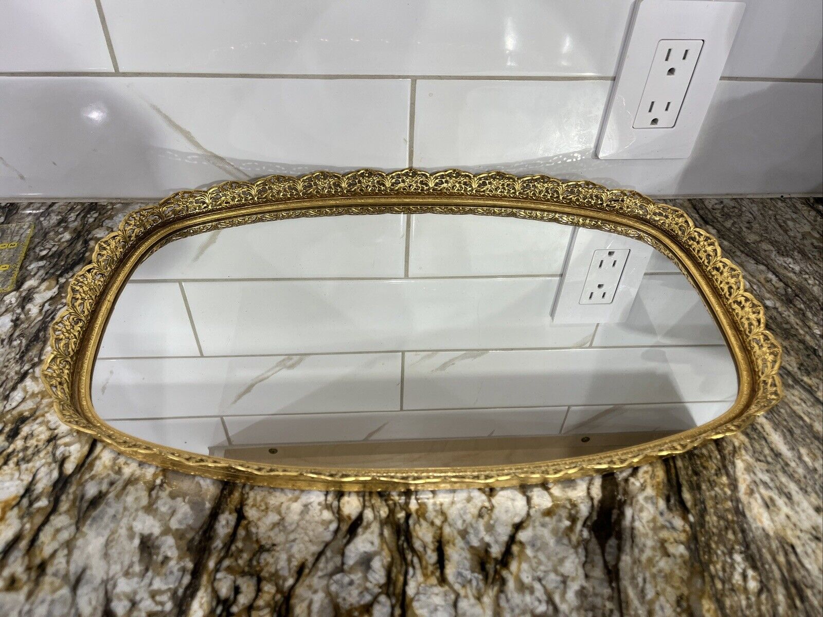 Vintage Mid Century Oval Mirror Tray Perfume Vanity Dresser Gold Filigree 16 7/8