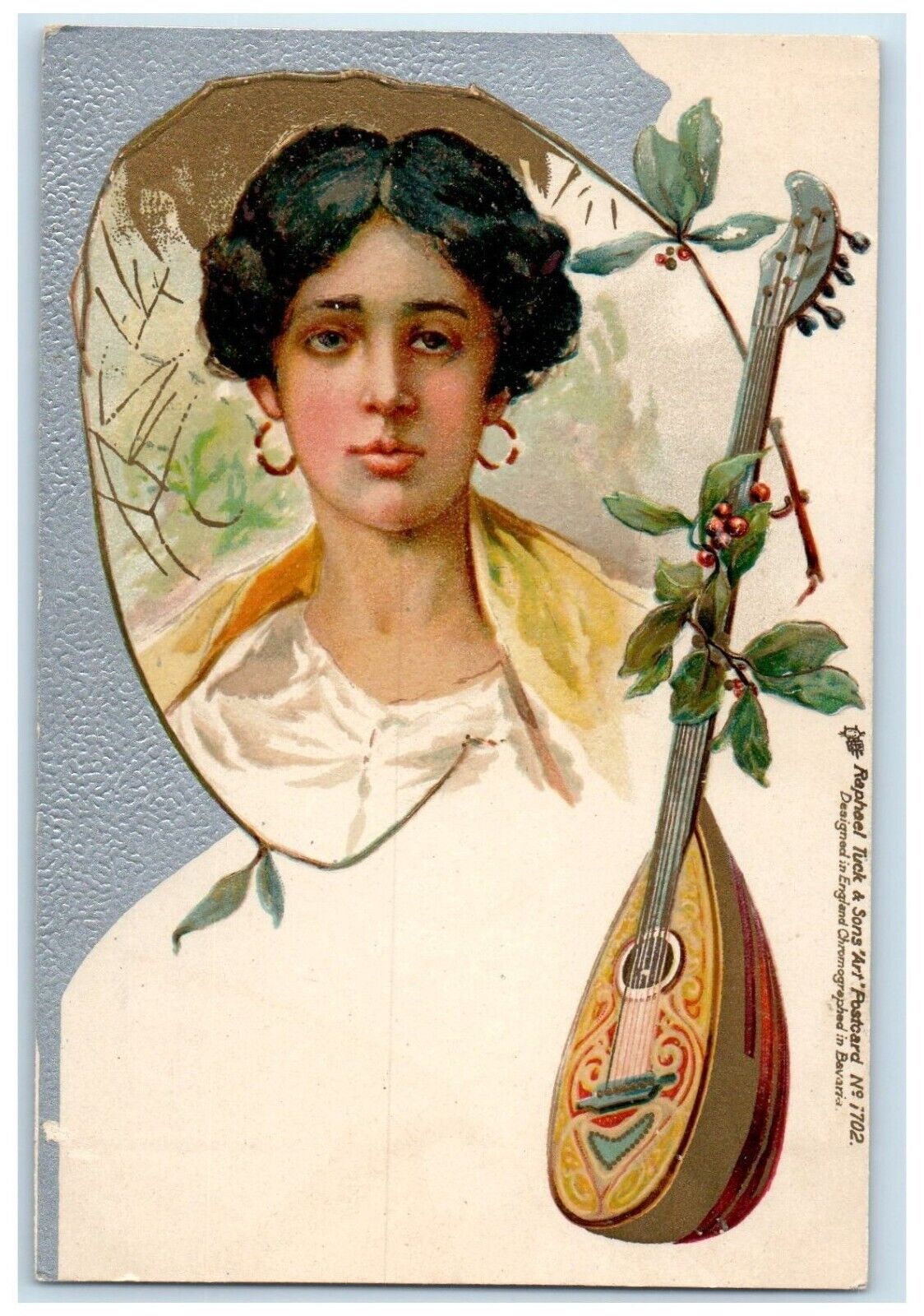 c1905 Pretty Woman Berries UTE Art Nouveau Embossed Tuck\'s Antique Postcard