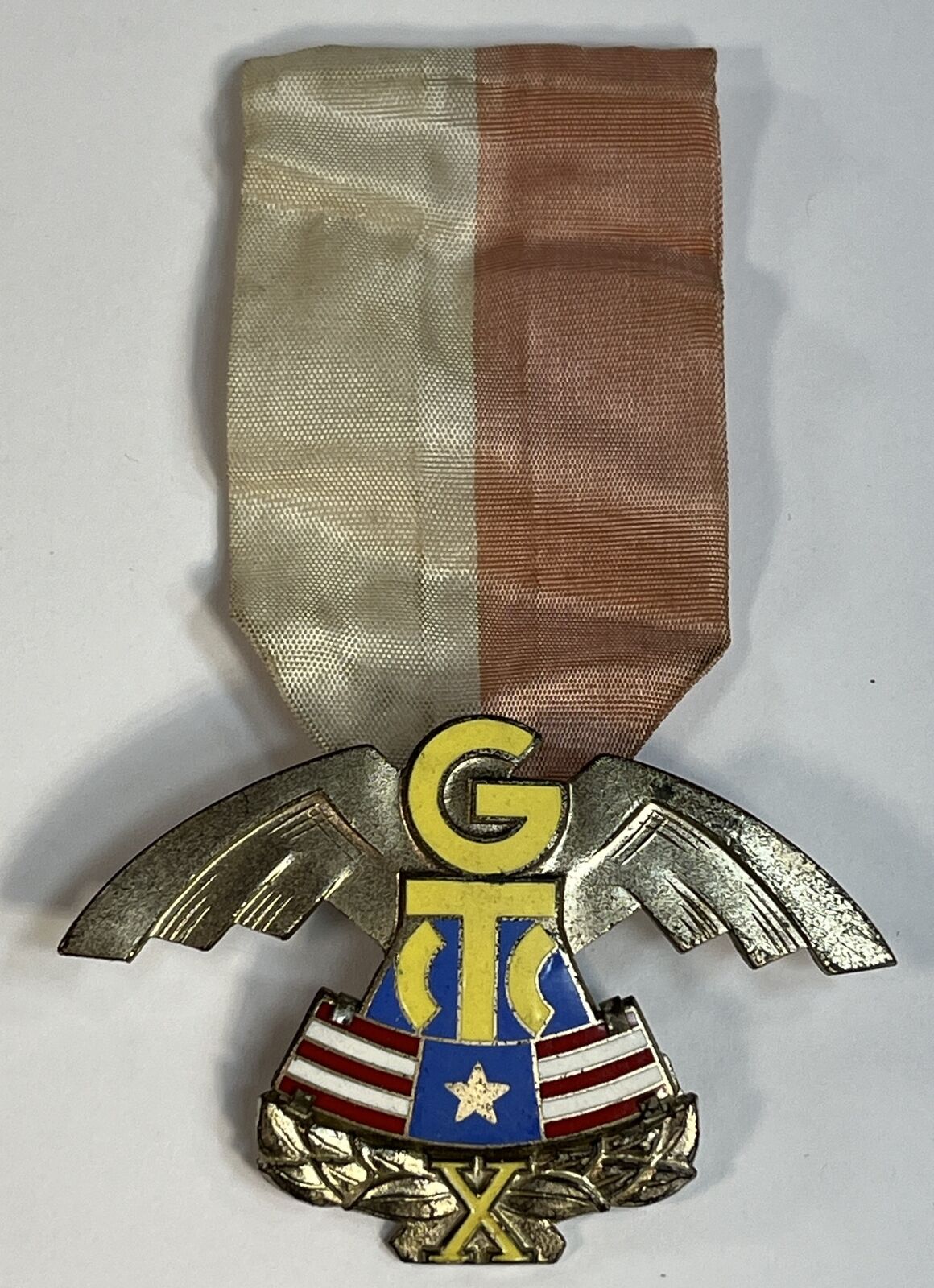1945 Polish Civilian Guard Commemorative Badge w/ Original Ribbon Brass Enameled