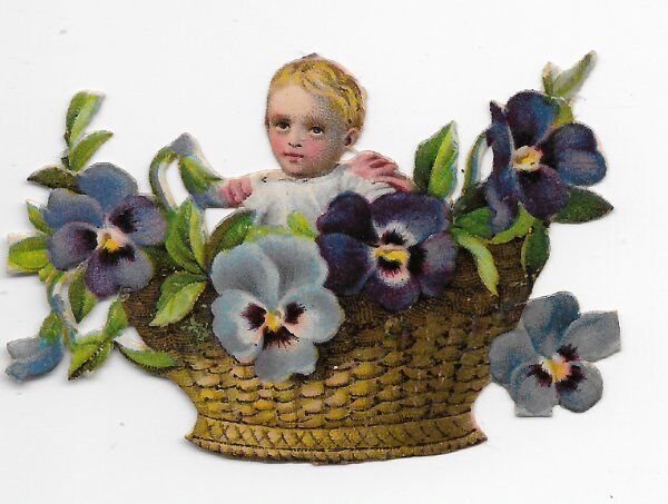 1888 Chromo de Coupis, French Flower Basket Baby No.6, Antique Die-cut, 2.5\