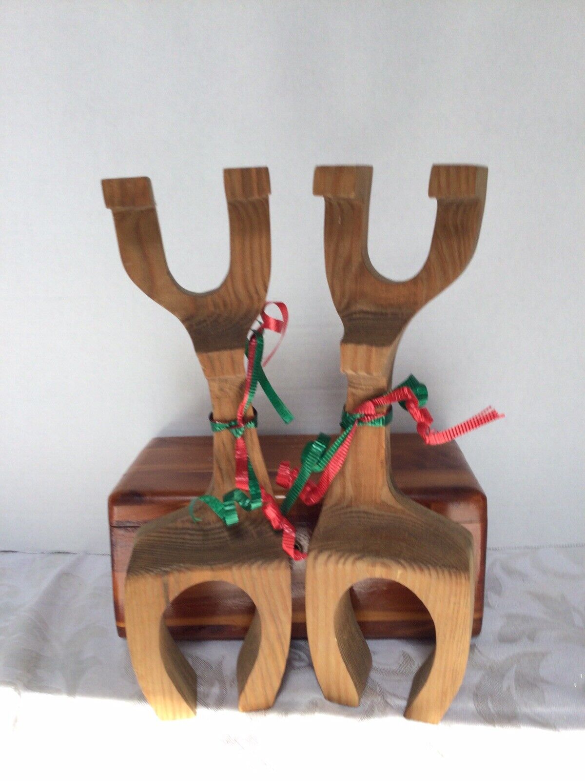 Vintage Mid Century Modern Wooden Reindeer hand Carved Christmas Decor. (2)