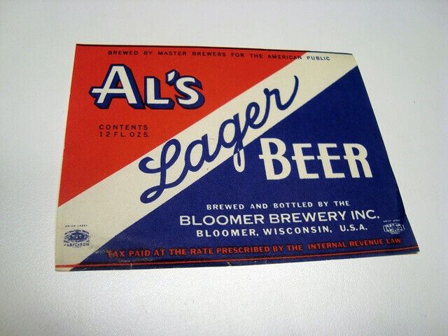 Circa 1930s Al’s Lager Beer Label, Bloomer, Wisconsin