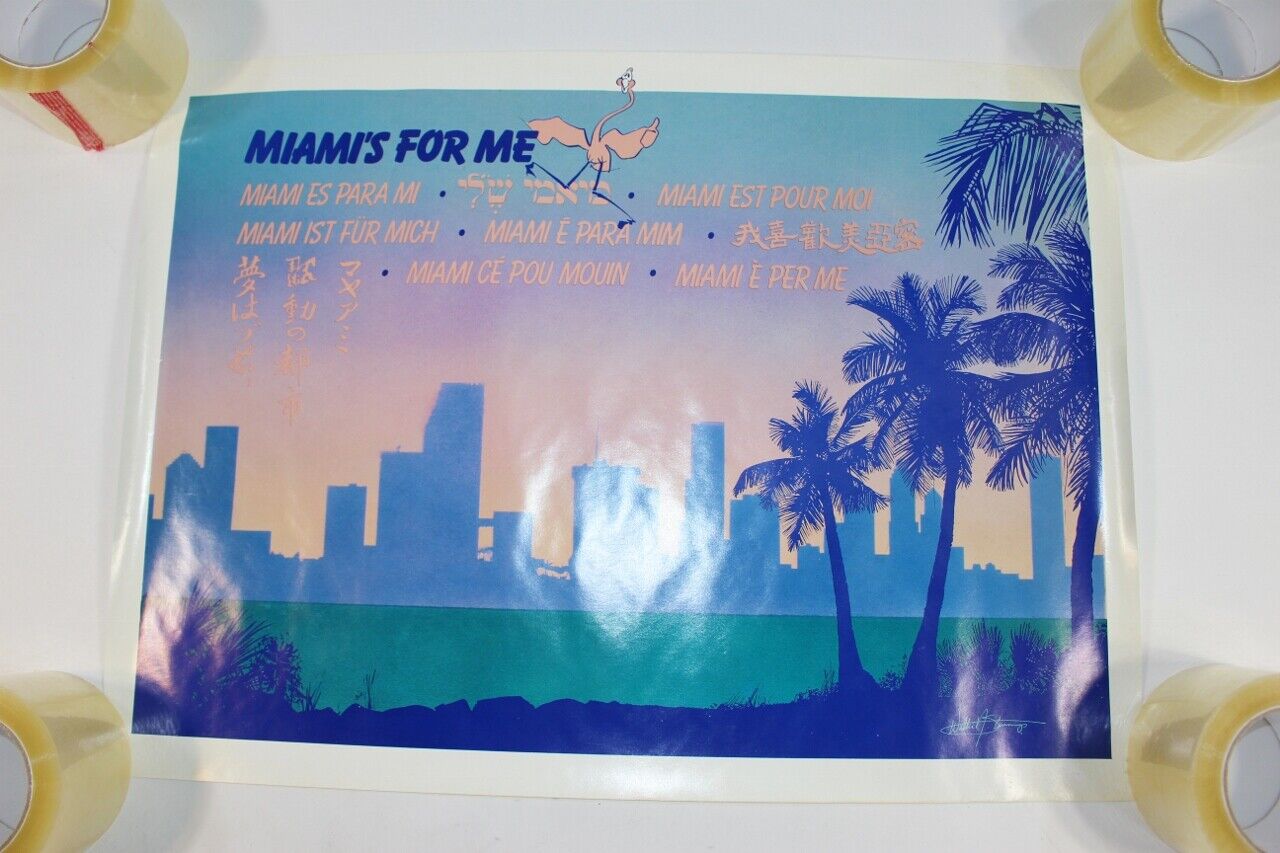 Vintage Miami's For Me 80s 90s Palm Tree Skyline English Spanish Flamingo Poster