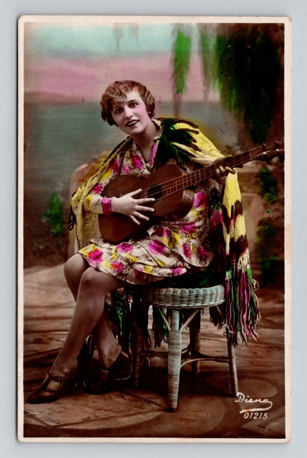 RPPC Colorized Young Woman Playing Guitar Real Photo, Antique B4