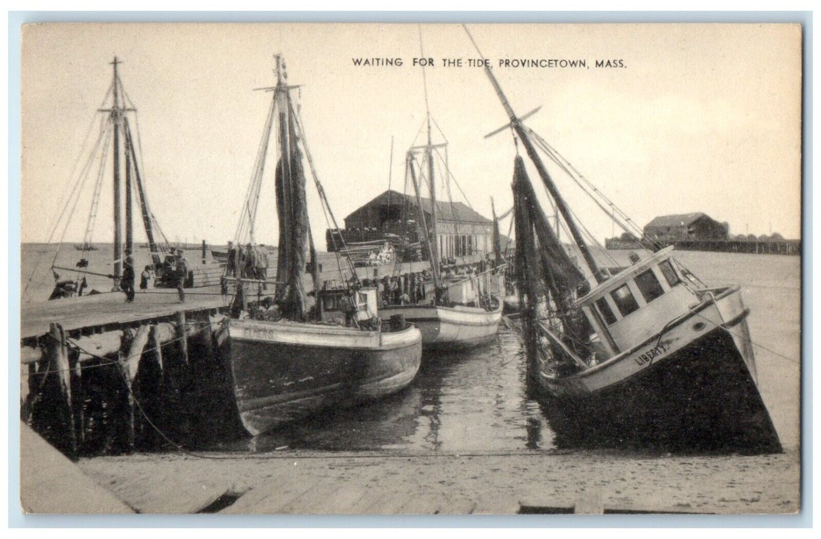 c1940 Sail Boat Dock Waiting Tide Provincetown Massachusetts MA Antique Postcard
