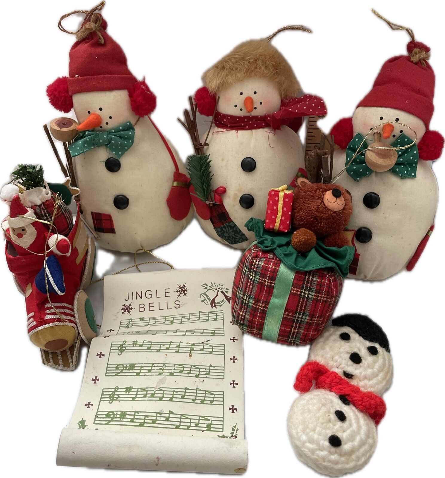 Vintage Christmas Ornaments Lot Handmade Cloth Stuffed Set Snowman Bears