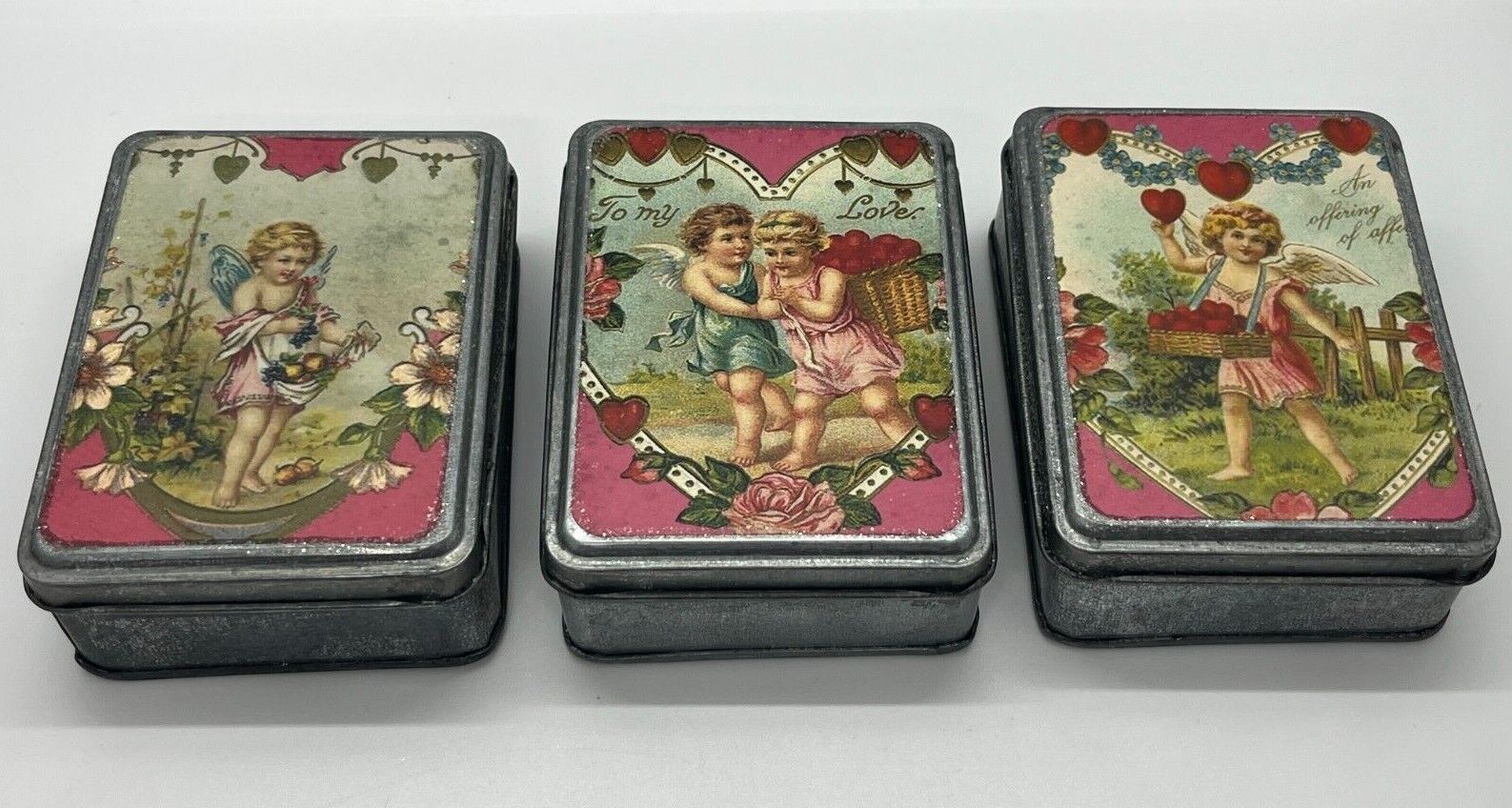 3 Small Angel Metal Tin Boxes with 3 different beautiful designs 4.25x3.25x1.5\