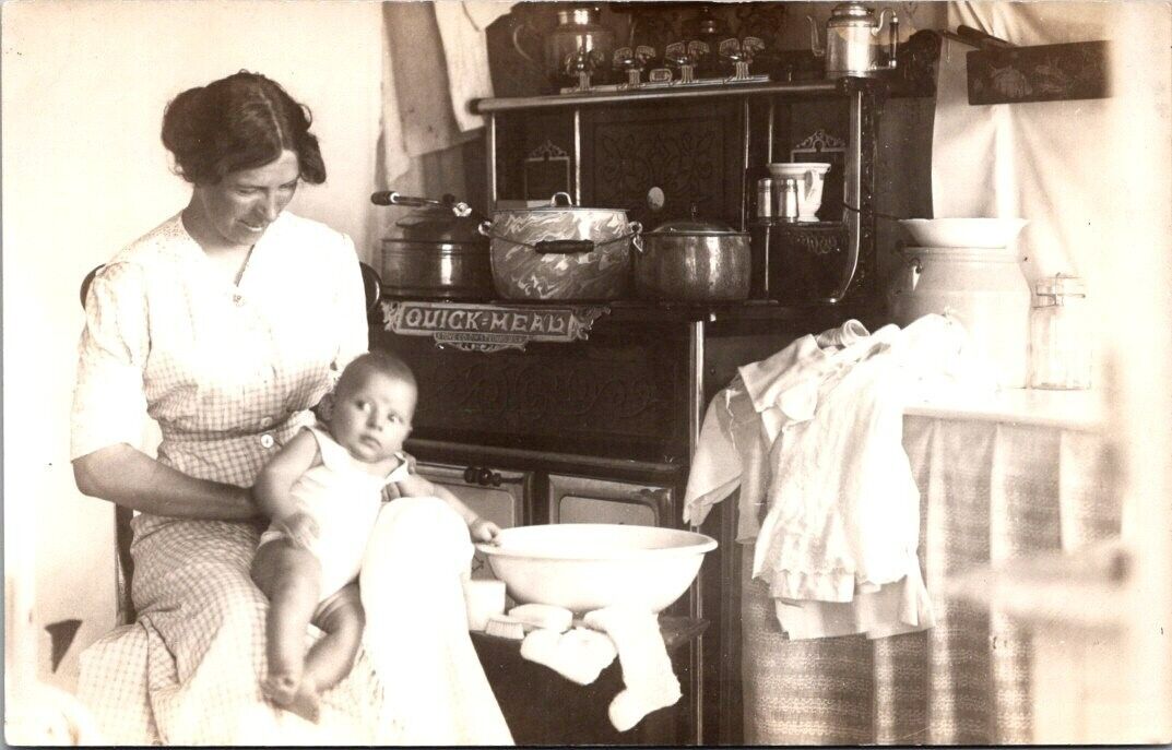 RPPC Kitchen Interior Quick Meal Stove Kettle Pots c1910s photo postcard FQ4