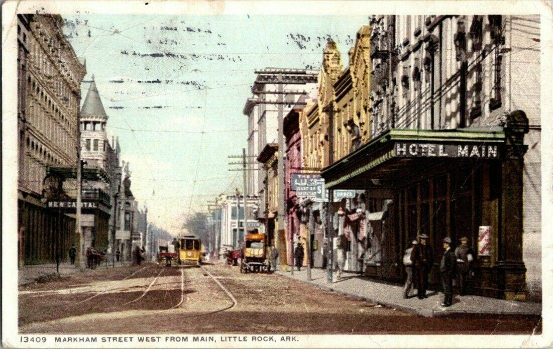 1912. LITTLE ROCK, ARK. MARKHAM STREET WEST FROM MAIN. MAIN HOTEL POSTCARD V17