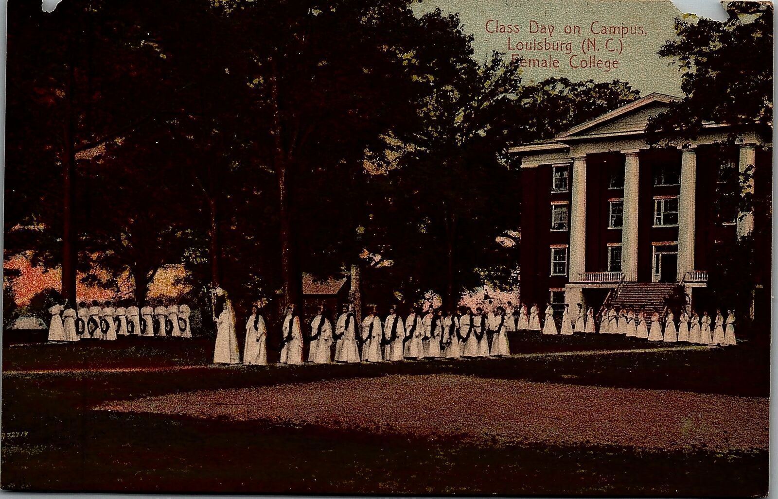 1909 LOUISBURG NC FEMALE COLLEGE CLASS DAY ON CAMPUS POSTCARD 25-64