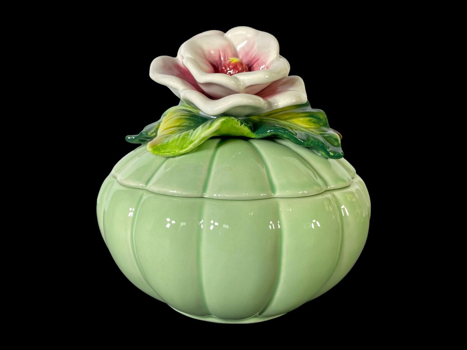 VTG FITZ & FLOYD Ceramic Trinket Dish 3D Blush Pink Rose Ladybug Mint Green EUC