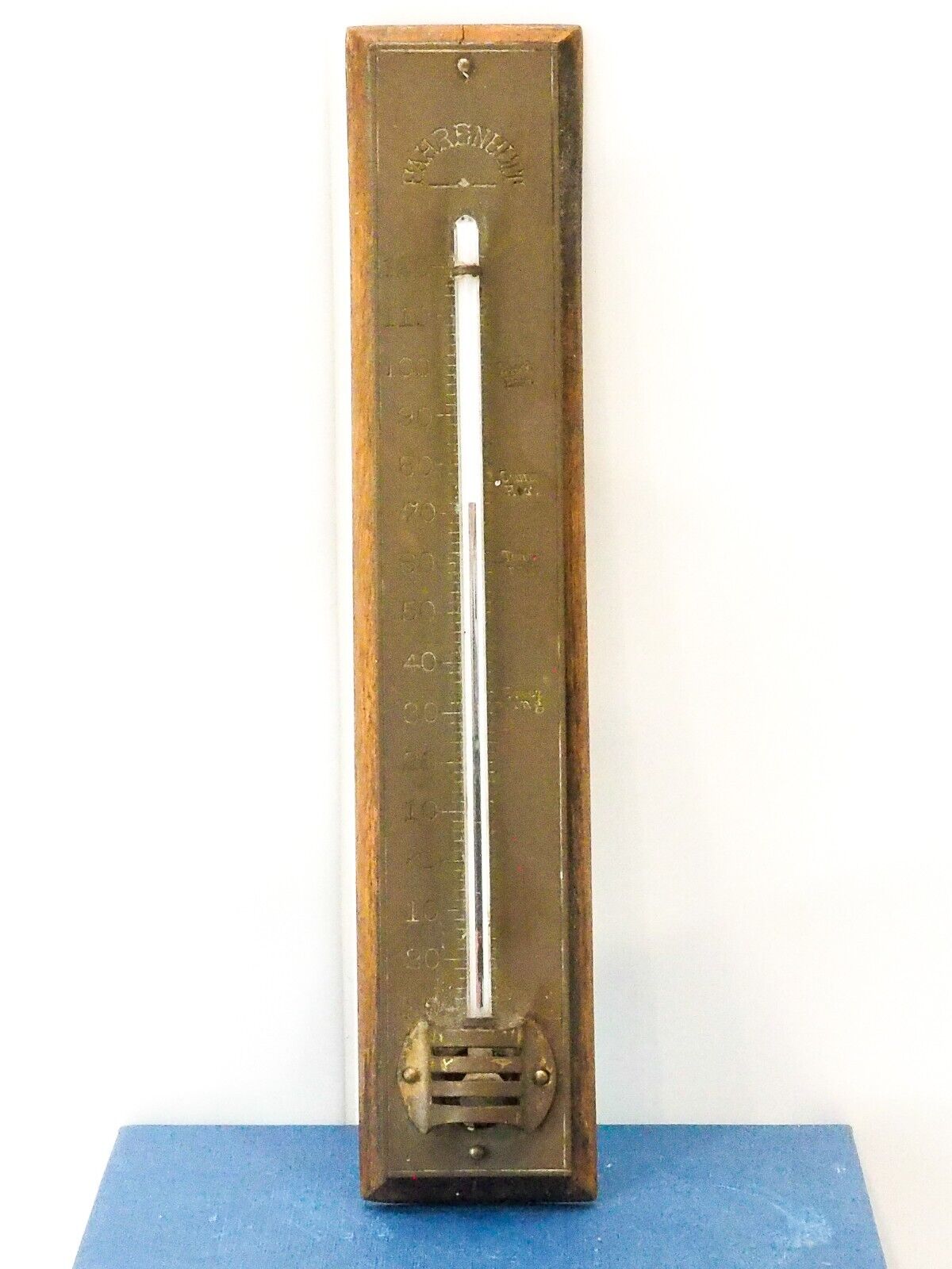 vintage/ antique brass and wood wall Fahrenheit thermometer