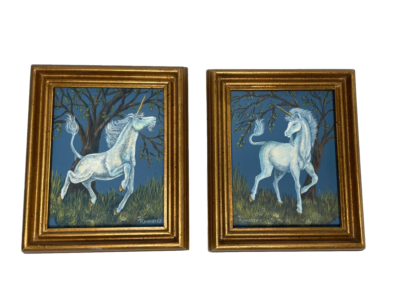 Vintage Artist signed Painted Unicorn Picture Set Framed 6”x5” ML Rominsky