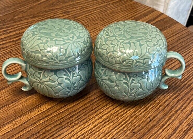 Pair Of Korean Celadon Tea Brewing Mugs W/ Handle